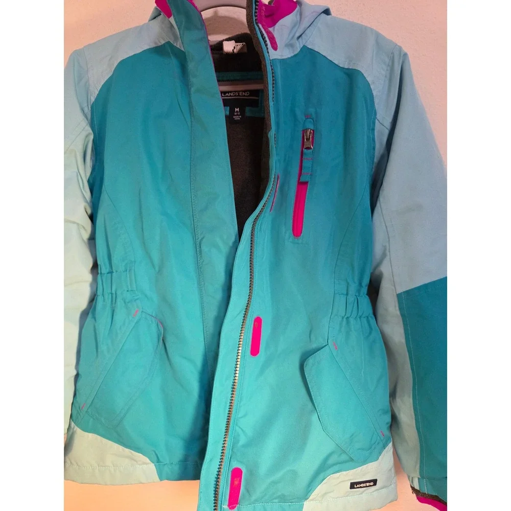 Lands End Kids Girls Teal Pink Colorblock‎ Hooded Winter Ski Jacket Size M 10-12